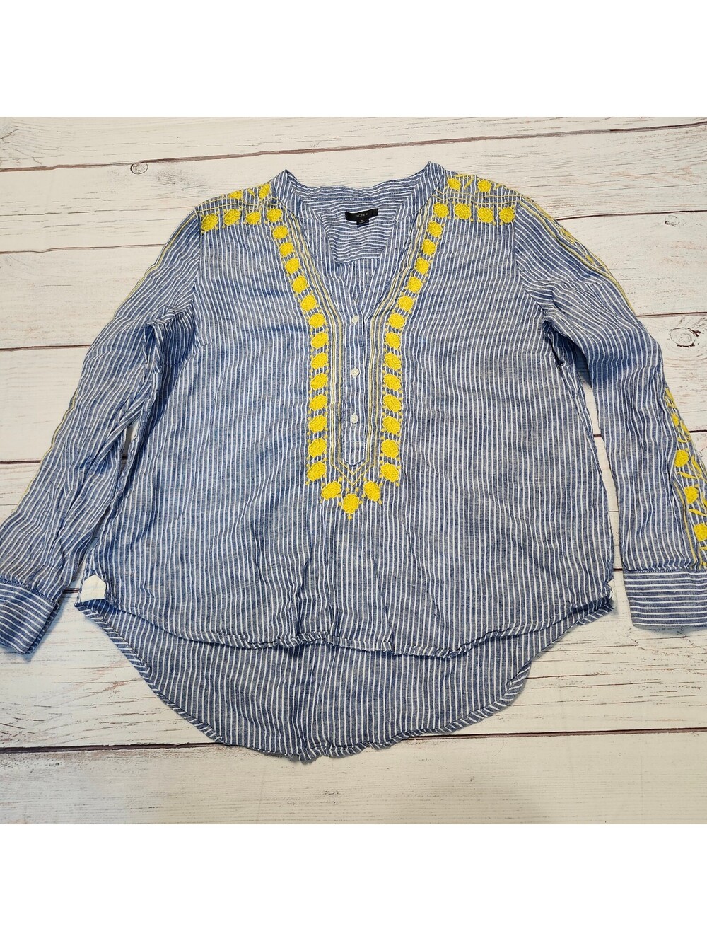 J.Crew Blue and White Striped 100% Linen Blouse Yellow Embroidery Size Large